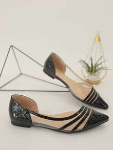 Stitch Detail Point Toe Ballet Flats - Black - View 2