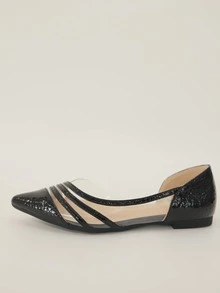 Stitch Detail Point Toe Ballet Flats - Black - View 3