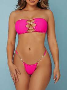Chain Linked Bandeau Thong Bikini - Hot Pink - View 1