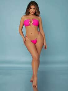 Chain Linked Bandeau Thong Bikini - Hot Pink - View 4