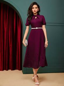 Modelyn Tie Neck Laser Cut Out Dress Without Belt - Purple - View 1