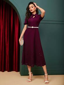 Modelyn Tie Neck Laser Cut Out Dress Without Belt - Purple - View 3