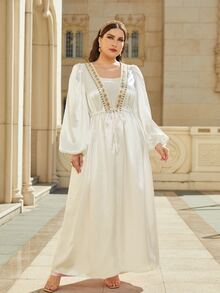 Al Najma Kích thước lớn Abaya Ruy băng Thắt nơ trước màu trơn Hấp dẫn - trắng - Xem 3