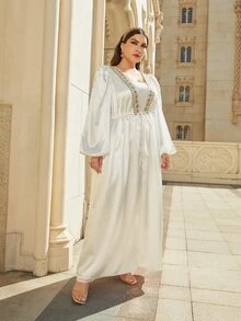 Al Najma Kích thước lớn Abaya Ruy băng Thắt nơ trước màu trơn Hấp dẫn - trắng - Xem 5