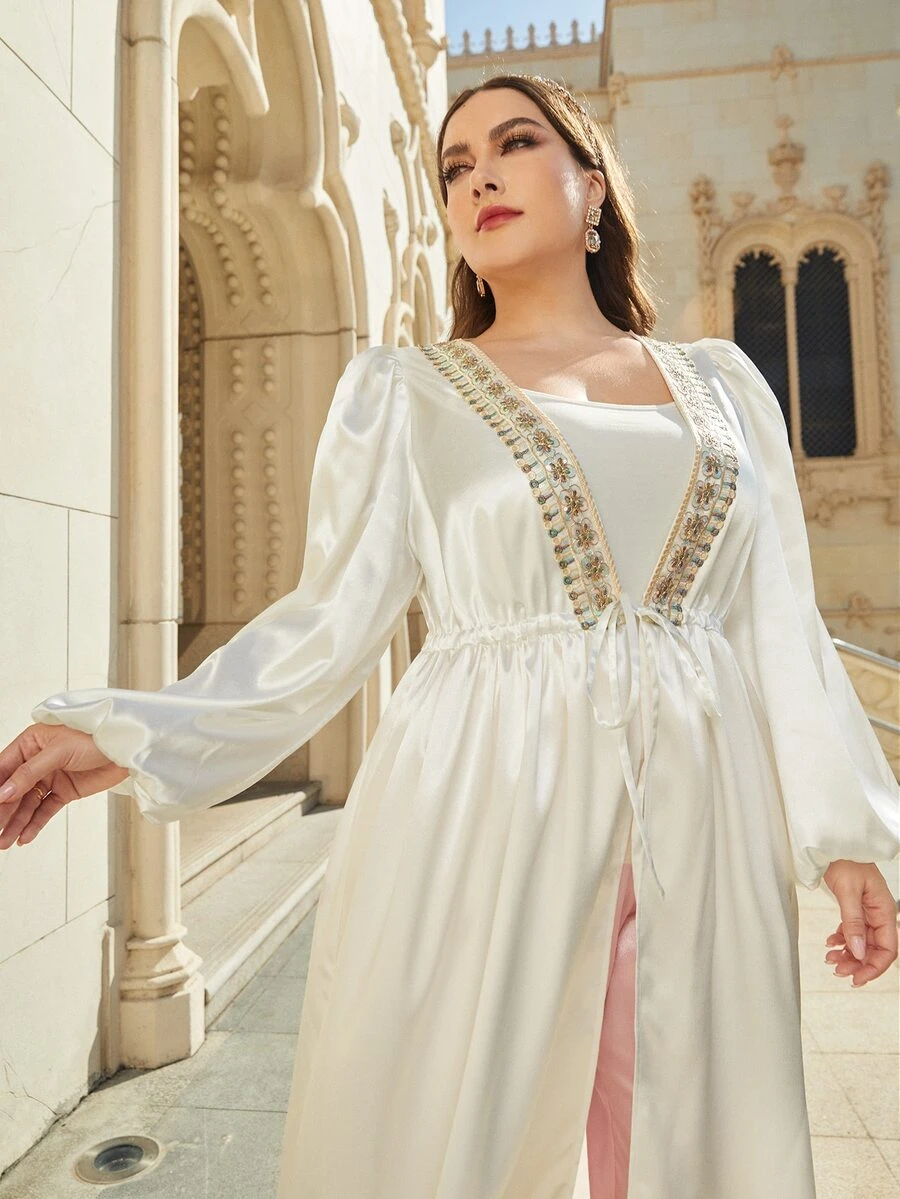 Al Najma Kích thước lớn Abaya Ruy băng Thắt nơ trước màu trơn Hấp dẫn - trắng - Xem 1