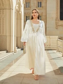 Al Najma Kích thước lớn Abaya Ruy băng Thắt nơ trước màu trơn Hấp dẫn - trắng - Xem 6