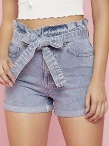 Quần short denim nữ Thắt lưng Túi Dây kéo Quần paper-bag màu trơn - Rửa nhẹ - Xem 1