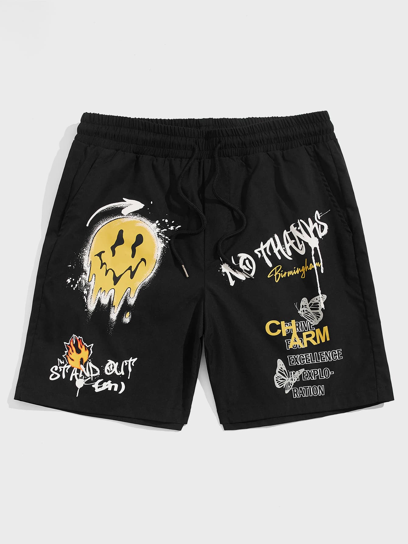 Manfinity VCAY Nam Quần short Với Lá thư & Mặt in hoạt hình Và Eo dây rút - màu đen - Xem 1