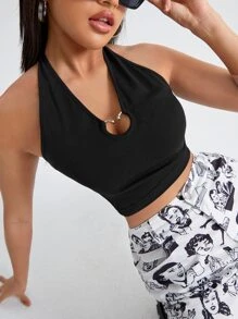 SHEIN X Antonella SHEIN ICON Áo hai dây Lộ Lưng Nhẫn Buộc lại màu trơn Gợi cảm - màu đen - Xem 1