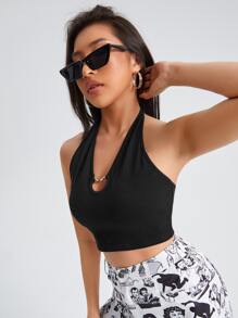 SHEIN X Antonella SHEIN ICON Áo hai dây Lộ Lưng Nhẫn Buộc lại màu trơn Gợi cảm - màu đen - Xem 3