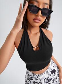 SHEIN X Antonella SHEIN ICON Áo hai dây Lộ Lưng Nhẫn Buộc lại màu trơn Gợi cảm - màu đen - Xem 5