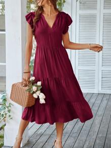 SHEIN Unity Flutter Sleeve Ruffle Hem Dress - Burgundy - View 1