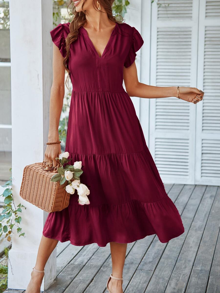 SHEIN Unity Flutter Sleeve Ruffle Hem Dress - Burgundy - View 1