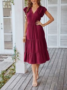 SHEIN Unity Flutter Sleeve Ruffle Hem Dress - Burgundy - View 3