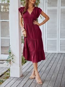 SHEIN Unity Flutter Sleeve Ruffle Hem Dress - Burgundy - View 4