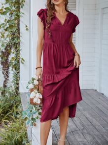 SHEIN Unity Flutter Sleeve Ruffle Hem Dress - Burgundy - View 6