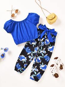 SHEIN 小女童泡泡袖上衣和印花腰帶長褲