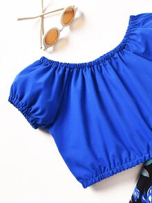 SHEIN 小女童泡泡袖上衣和印花腰帶長褲