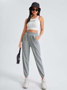 SHEIN PETITE Quần thể thao nữ Túi màu trơn - Màu Xám nhạt - Xem 3