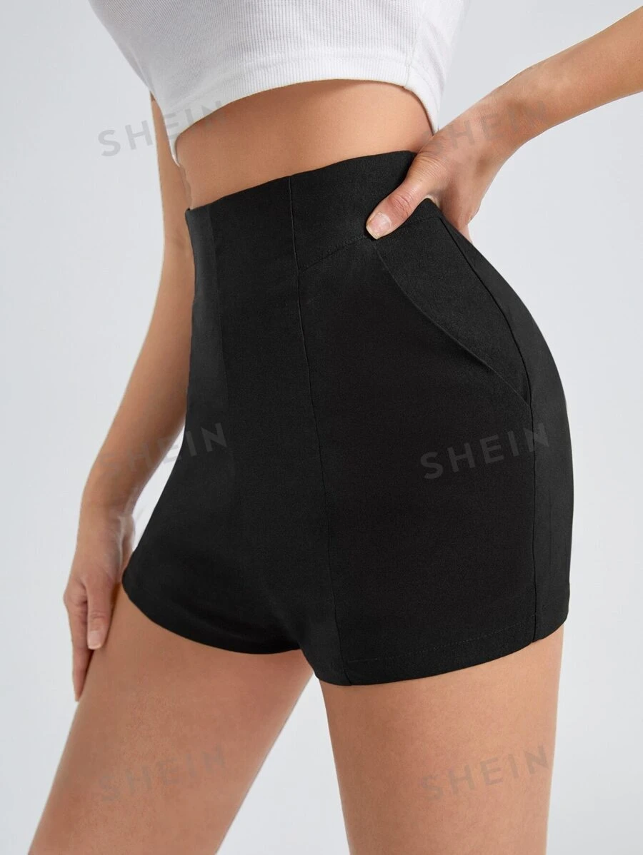 SHEIN Essnce Shorts unicolor con cremallera lateral - Negro - Ver 1