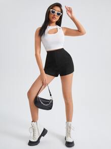 SHEIN Essnce Solid Zip Side Shorts - Black - View 3