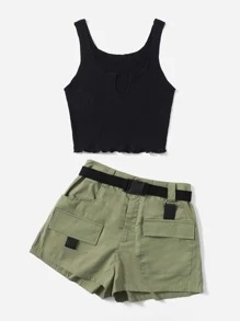 Muchica Bộ đồ hai mảnh nữ Thắt lưng Nút Xù nhỏ Túi Dây kéo Gân đan Khối Màu Giải trí - Nhiều màu - Xem 4