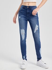 SHEIN Vaqueros Rasgados De Chica Adolescente - Azul lavado medio - Ver 1