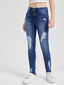 SHEIN Vaqueros Rasgados De Chica Adolescente - Azul lavado medio - Ver 3