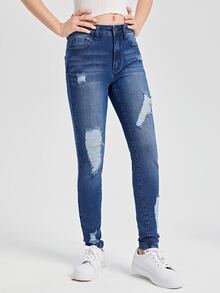 SHEIN Vaqueros Rasgados De Chica Adolescente - Azul lavado medio - Ver 5