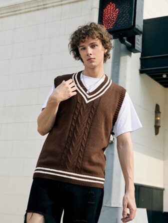Prep Men Striped Trim Cable Knit Sweater Vest