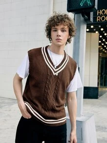 ROMWE MEN Prep Men Striped Trim Cable Knit Sweater Vest - Chocolate Brown - View 3
