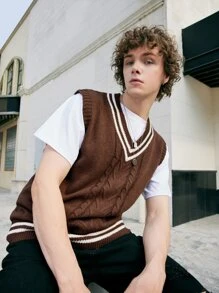 ROMWE MEN Prep Men Striped Trim Cable Knit Sweater Vest - Chocolate Brown - View 6