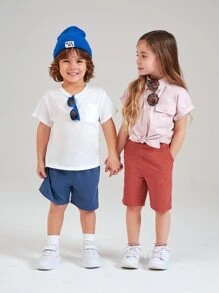 SHEIN Toddler Boys 100% Cotton Solid Pocket Front Tee - White - View 2