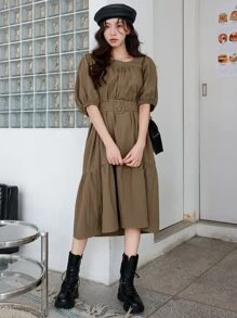 DAZY Puff Sleeve Ruffle Hem Belted Dress - Mocha Brown - View 1
