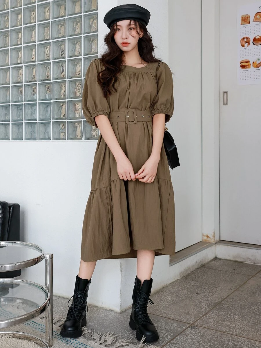 DAZY Puff Sleeve Ruffle Hem Belted Dress - Mocha Brown - View 1