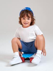 SHEIN Toddler Boys 100% Cotton Solid Pocket Front Tee - White - View 3