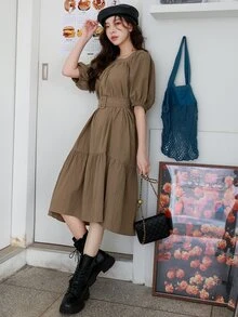 DAZY Puff Sleeve Ruffle Hem Belted Dress - Mocha Brown - View 3