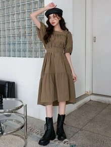 DAZY Puff Sleeve Ruffle Hem Belted Dress - Mocha Brown - View 4