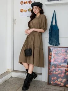 DAZY Puff Sleeve Ruffle Hem Belted Dress - Mocha Brown - View 5