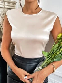 SHEIN Privé 纯色无袖缎面衬衫，无袖上衣 - 杏色 - 查看 3