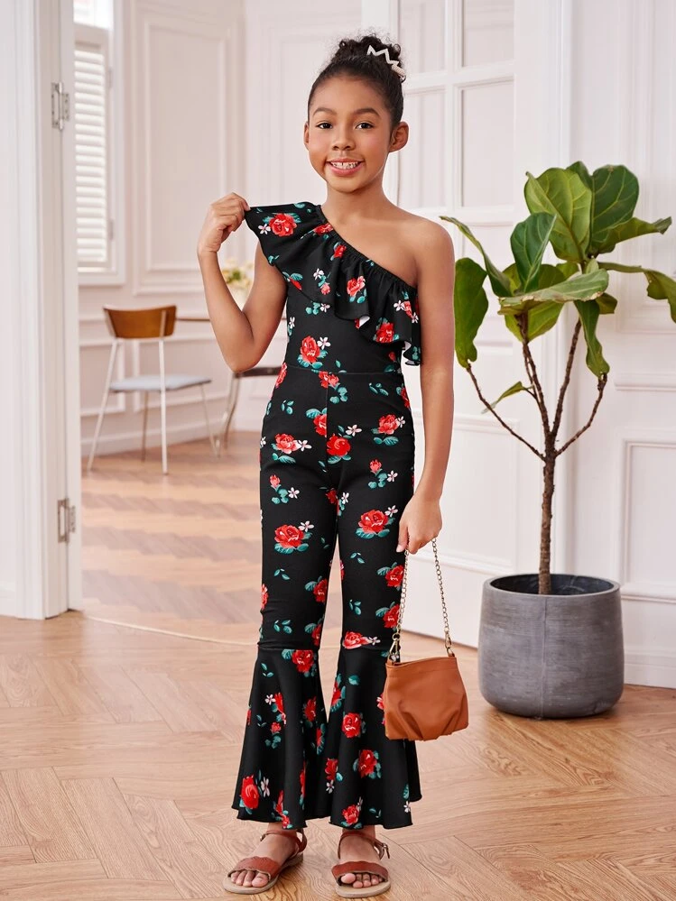 SHEIN Girls オールオーバーフローラルプリント ワンショルダー フリル