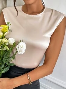 SHEIN Privé 纯色无袖缎面衬衫，无袖上衣 - 杏色 - 查看 5