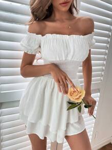 SHEIN Holidaya Swiss Dot Off Shoulder Frill Trim Shirred Romper - White - View 6