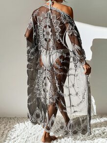 Kimono con bordado transparente - Blanco y Negro - Ver 1