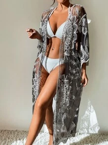 Kimono con bordado transparente - Blanco y Negro - Ver 4