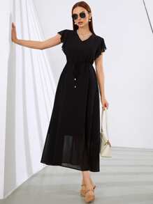 SHEIN Đầm Dây kéo màu trơn Thanh lịch - màu đen - Xem 1