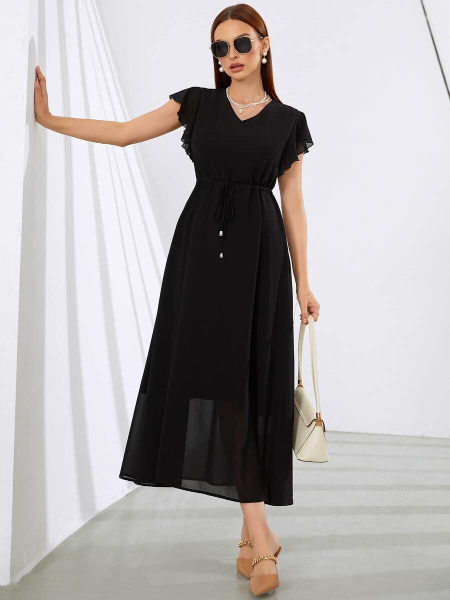 SHEIN Đầm Dây kéo màu trơn Thanh lịch - màu đen - Xem 1