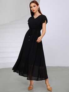SHEIN Đầm Dây kéo màu trơn Thanh lịch - màu đen - Xem 3