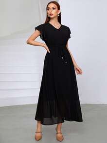 SHEIN Đầm Dây kéo màu trơn Thanh lịch - màu đen - Xem 4