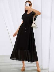 SHEIN Đầm Dây kéo màu trơn Thanh lịch - màu đen - Xem 5
